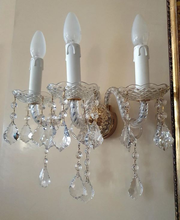 Coppia di applique, sec. XX, in vetro di Murano a tre luci con gocce, cm&nbsp;&nbsp;