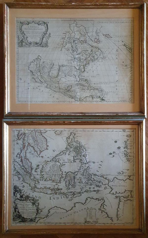 Due carte geografiche, sec.XVIII, raffiguranti ISOLE DELL'INDIA E AMERICA&nbsp;  - Asta BENI D'ANTIQUARIATO E SCULTURE, GIOIELLI E COLLEZIONISMO - Poggio Bracciolini Casa d'Aste
