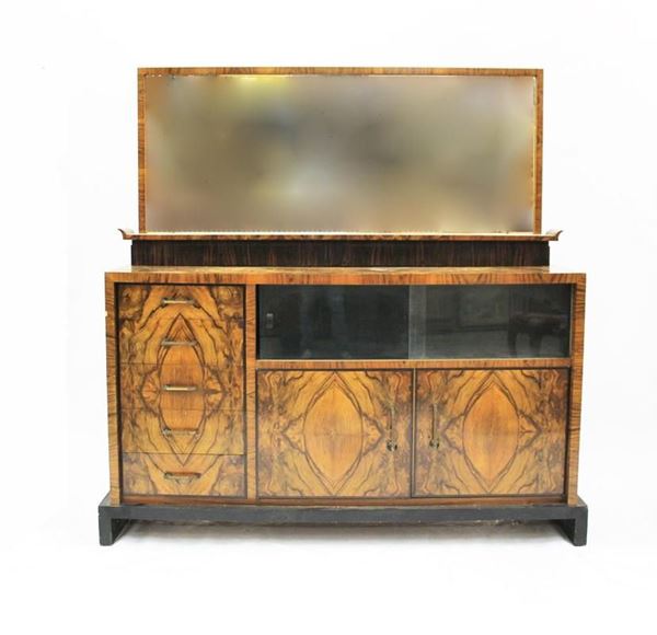 Credenza buffet, Art Deco, lastronata in olivo, fronte a quattro cassetti,