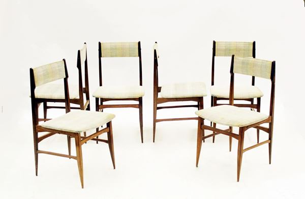 Serie di sei sedie, produzione italiana, anni 50, rivestite in stoffa&nbsp;&nbsp;&nbsp;&nbsp;&nbsp;