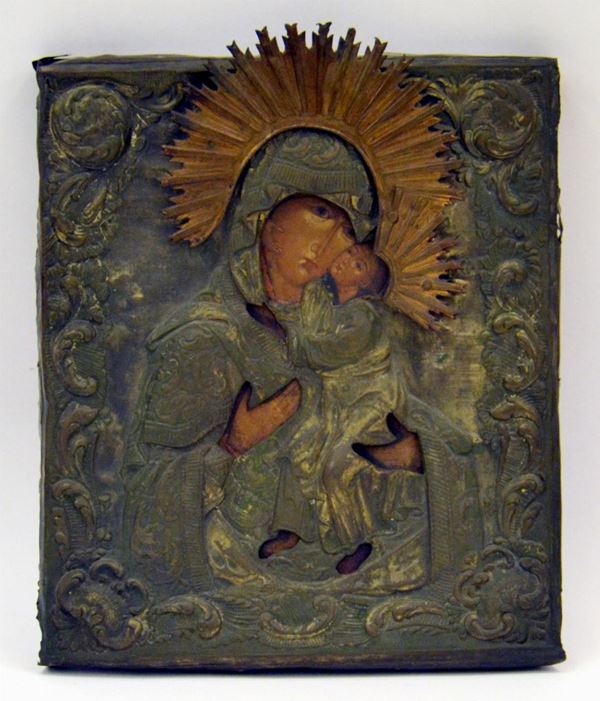 Icona russa, sec. XIX, raffigurante Madonna con Bambino,&nbsp;&nbsp;&nbsp;&nbsp;&nbsp;&nbsp;&nbsp;&nbsp;&nbsp;&nbsp;&nbsp;&nbsp;&nbsp;&nbsp;&nbsp;&nbsp;&nbsp;&nbsp;