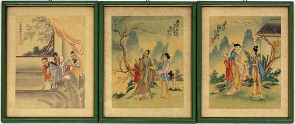 Tre acquerelli, Cina, sec. XIX, su seta, in cornice, ingombro massimo cm&nbsp;&nbsp;