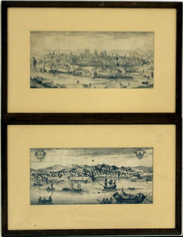 Coppia di incisioni ad acquaforte, sec. XVII/XVIII, raffiguranti vedute di