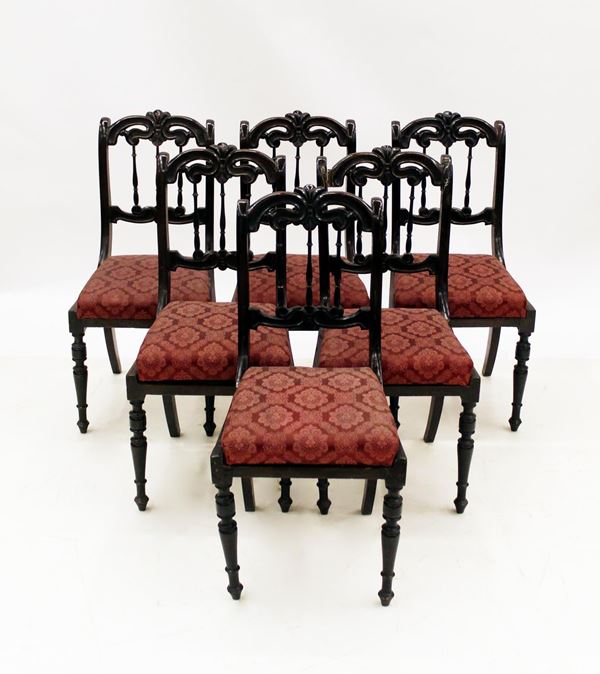 Serie di sei sedie, sec. XIX, in mogano, spalliera ad elementi torniti a&nbsp;&nbsp;