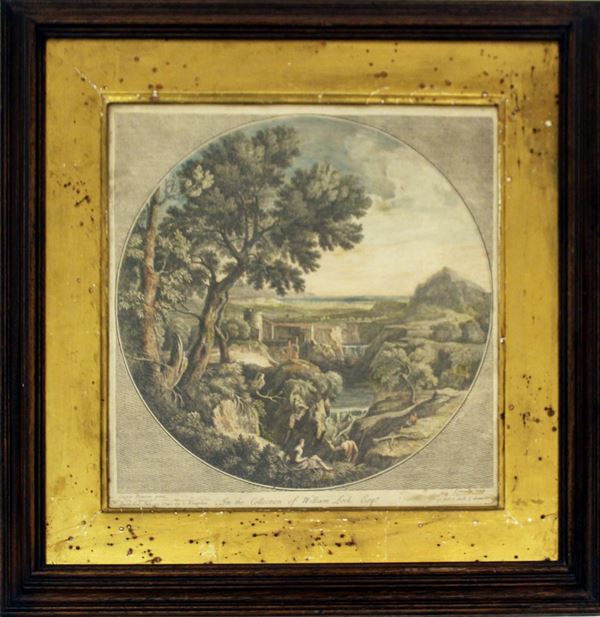 Incisione all'acquaforte acquerellata, sec. XVIII, da Gaspar Dughet, in&nbsp;&nbsp;&nbsp;