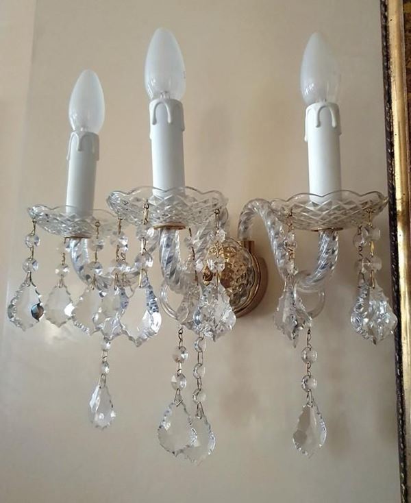 Coppia di applique, sec. XX, in vetro di Murano a tre luci con gocce, cm&nbsp;&nbsp;
