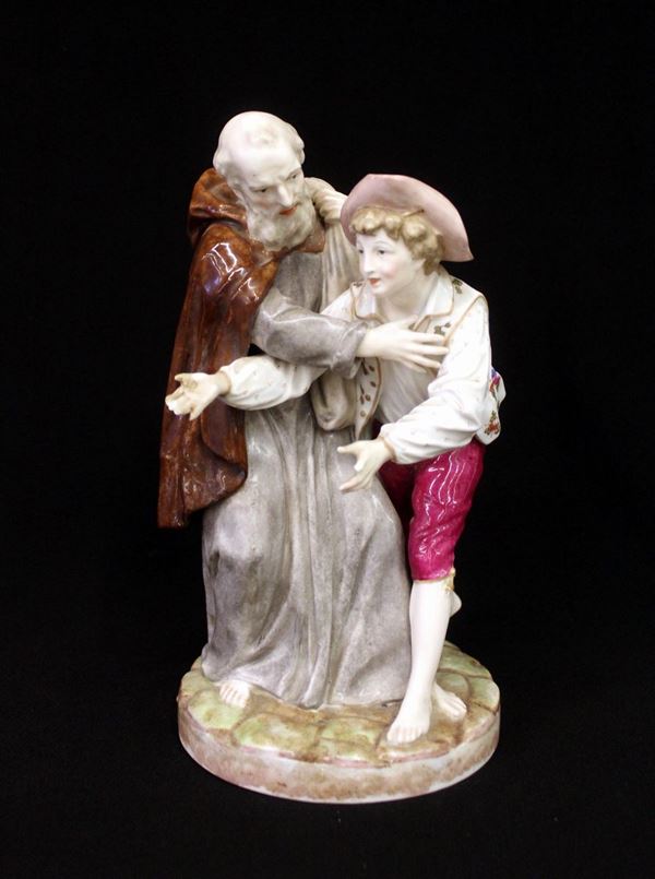 Gruppo, sec. XX, in porcellana dipinta in policromia, raffigurante frate e