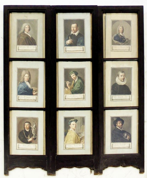 Paravento, struttura in legno con stampe acquerellate del sec. XVIII&nbsp;&nbsp;&nbsp;&nbsp;&nbsp;&nbsp;