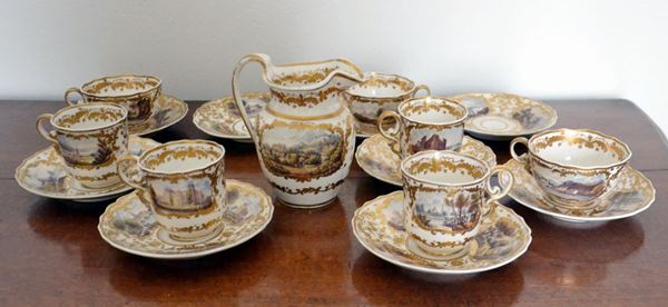 Sette tazze con nove piattini e lattiera, Inghileterra, manifattura Spode,