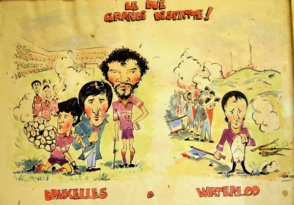 Lotto di dieci vignette e caricature firmate Pelini (?)acquerello e china,