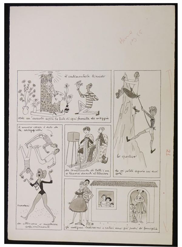 Lotto di sedici illustrazioni eseguite da Paola Mondaini per le riviste "Annabella". "Novella" e "La donna" con relativo timbro editoriale.matita e china su cartoncino, cm 37x26 max.tre illustrazioni firmate