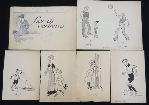 Lotto di sette illustrazioni eseguite da Eugenio Colmo Golia (1885-1967)  