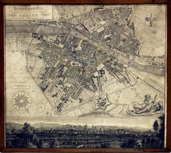 Carta topografica raffigurante la pianta di Firenze, datata 1837,&nbsp;&nbsp;&nbsp;&nbsp;&nbsp;&nbsp;&nbsp;&nbsp;&nbsp;  - Asta OPERE E OGGETTI D'ARTE ANTICA E CONTEMPORANEA, GIOIELLI - Poggio Bracciolini Casa d'Aste