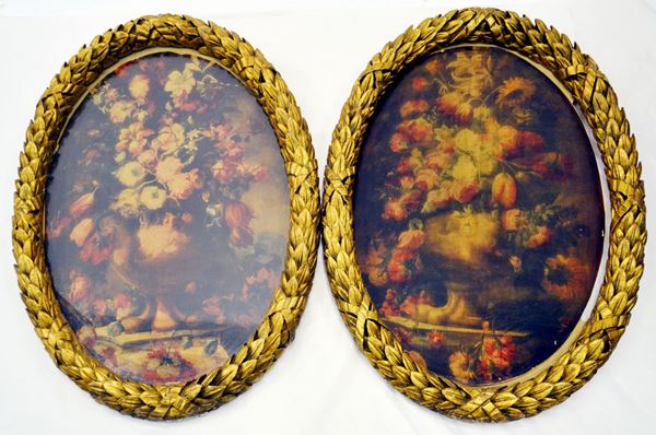 Coppia di stampe oleografiche, inizi sec. XX, raffiguranti coppia di nature