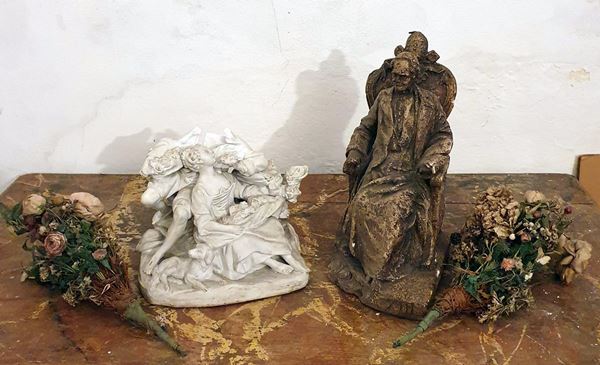 Due soprammobili in ceramica e gesso, sec. XX,                            