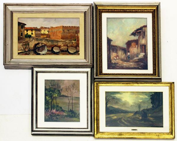 Serie di quattro dipinti ad olio su tela, sec. XX&nbsp;&nbsp;&nbsp;&nbsp;&nbsp;&nbsp;&nbsp;&nbsp;&nbsp;&nbsp;&nbsp;&nbsp;&nbsp;&nbsp;&nbsp;&nbsp;&nbsp;&nbsp;&nbsp;&nbsp;&nbsp;&nbsp;&nbsp;&nbsp;&nbsp;  - Asta Mobili, Oggetti d'arte, Gioielli e Collezionismo - Poggio Bracciolini Casa d'Aste