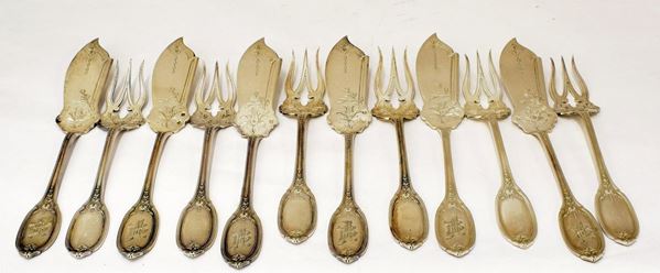 SEI FORCHETTE E SEI COLTELLI DA PESCE SEC. XX&nbsp;&nbsp;&nbsp;&nbsp;&nbsp;&nbsp;&nbsp;&nbsp;&nbsp;&nbsp;&nbsp;&nbsp;&nbsp;&nbsp;&nbsp;&nbsp;&nbsp;&nbsp;&nbsp;&nbsp;&nbsp;&nbsp;&nbsp;&nbsp;&nbsp;&nbsp;&nbsp;&nbsp;&nbsp;  - Asta Opere e Oggetti d'arte antica e Contemporanea, Gioielli - Poggio Bracciolini Casa d'Aste