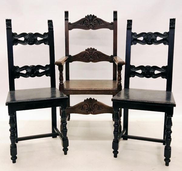 Coppia di sedie e capotavola, in stile 500                                  - Asta Opere e Oggetti d'arte antica e Contemporanea, Gioielli - Poggio Bracciolini Casa d'Aste