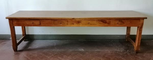Tavolo da lavoro, sec. XIX, in abete, quattro cassetti,                   