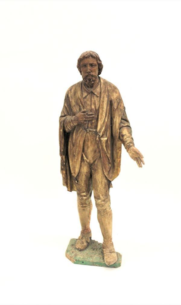 



Scultura, sec. XVII, in legno intagliato, laccato e parzialmente dorato, scolpito a tutto tondo a guisa