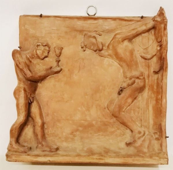 



Bassorilievo, sec. XX, in terracotta, raffigurante scena sacra, cm 44x41x7,