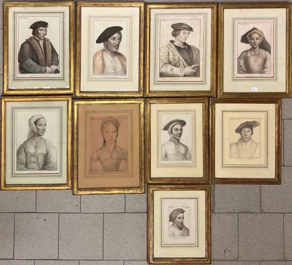 Serie di nove stampe tratte da : "Imitations of Original Drawings by Hans Holbein in the Collection of His Majesty, for the Portraits of Illustrious Persons of the Court of Henry VIII"  - Asta MOBILI E ARREDI - Poggio Bracciolini Casa d'Aste