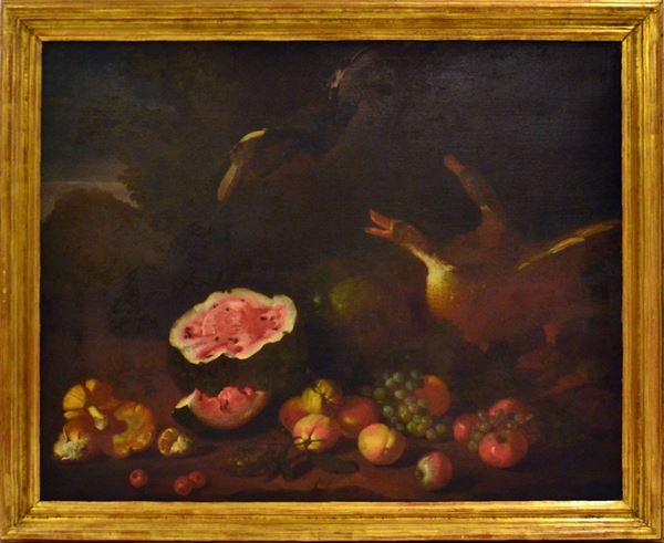 



( - )Scuola napoletana del XVII sec, Natura morta con papere, olio su tela, 97x124 cm