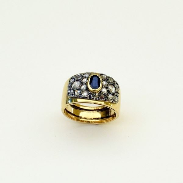 ANELLO IN ORO GIALLO ,ORO BIANCO KT18 ,DIAMANTI E ZAFFIRO