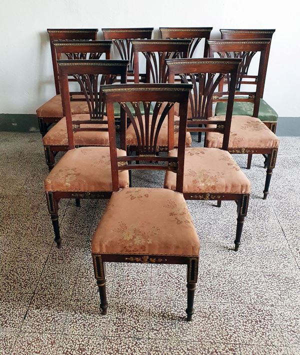 Dieci sedie, inizi sec. XX,   - Asta Collectibles, Arredi antichi e Contemporanei e Gioielli - Poggio Bracciolini Casa d'Aste
