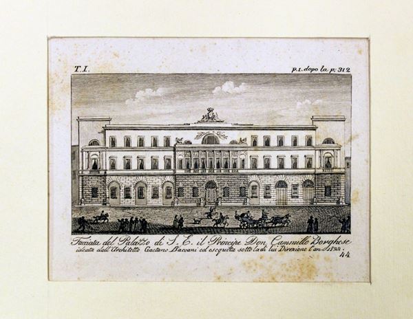 



Incisione raffigurante la facciata del palazzo di S.E. il Principe Don Camillo Borghese, 