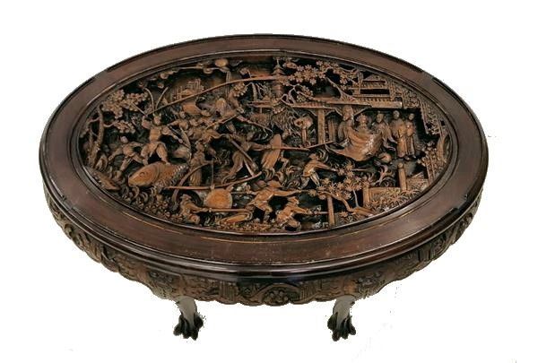 



Tavolino da centro, arte orientale, sec. XX, in legno intagliato a paesaggio e scene di vita quotidiana,