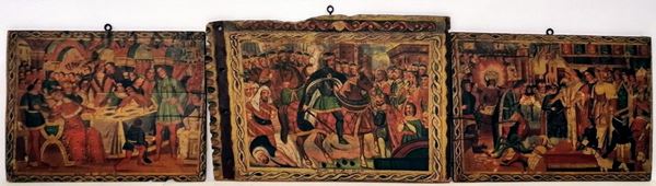



Tre formelle per carretto siciliano, sec. XIX, in legno dipinto a scene sacre e scena mitologica,