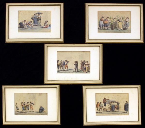 



Serie di cinque incisioni acquerellate di Bartolomeo Pinelli, entro cornici, ingombro cm 29x39 (5) 