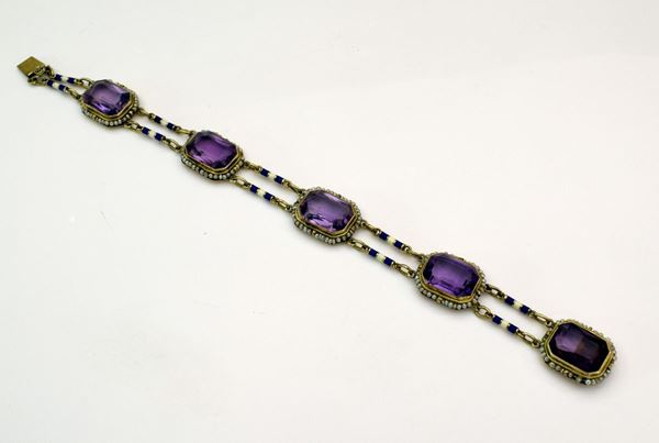 



BRACCIALE , INIZI SEC. XX , IN ORO 18KTM&nbsp; E AMETISTE