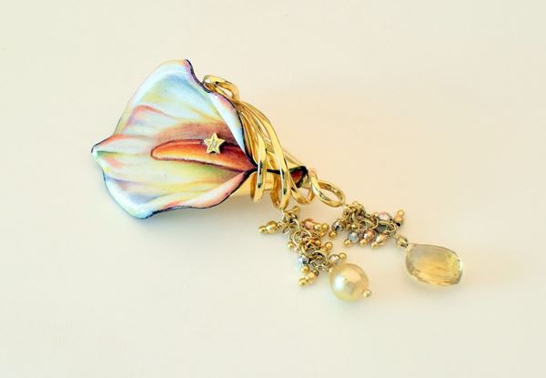 



SPILLA/PENDENTE , RIVALTA IN ORO 18KT , SMALTI ,PERLA E PIETRE
