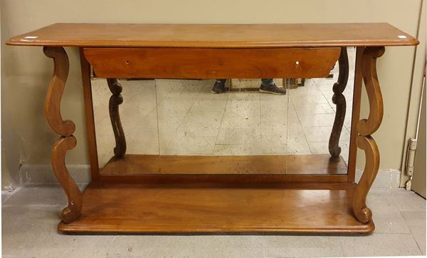 Console, sec. XX in ciliegio, un cassetto, sostegni sagomati, fondo a specchio, cm148?37x77, difetti