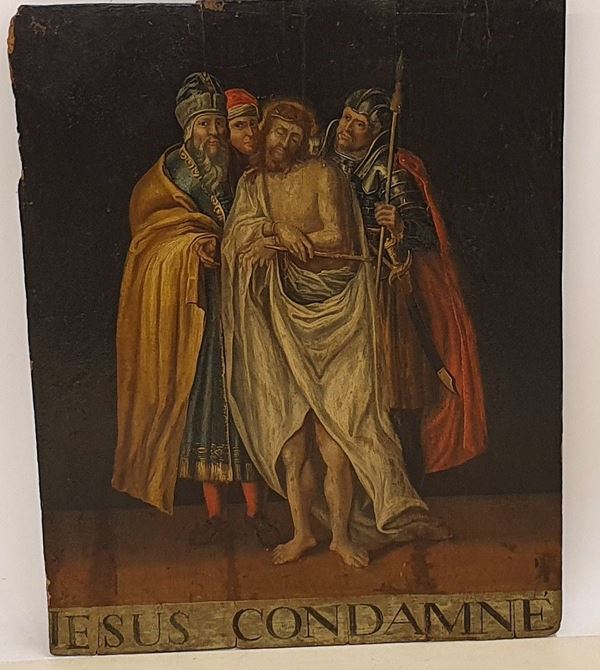 



Scuola Italiana, secolo XVIII, Ges&ugrave; condannato, olio su tavola,cm. 64x80, difetti e mancanze