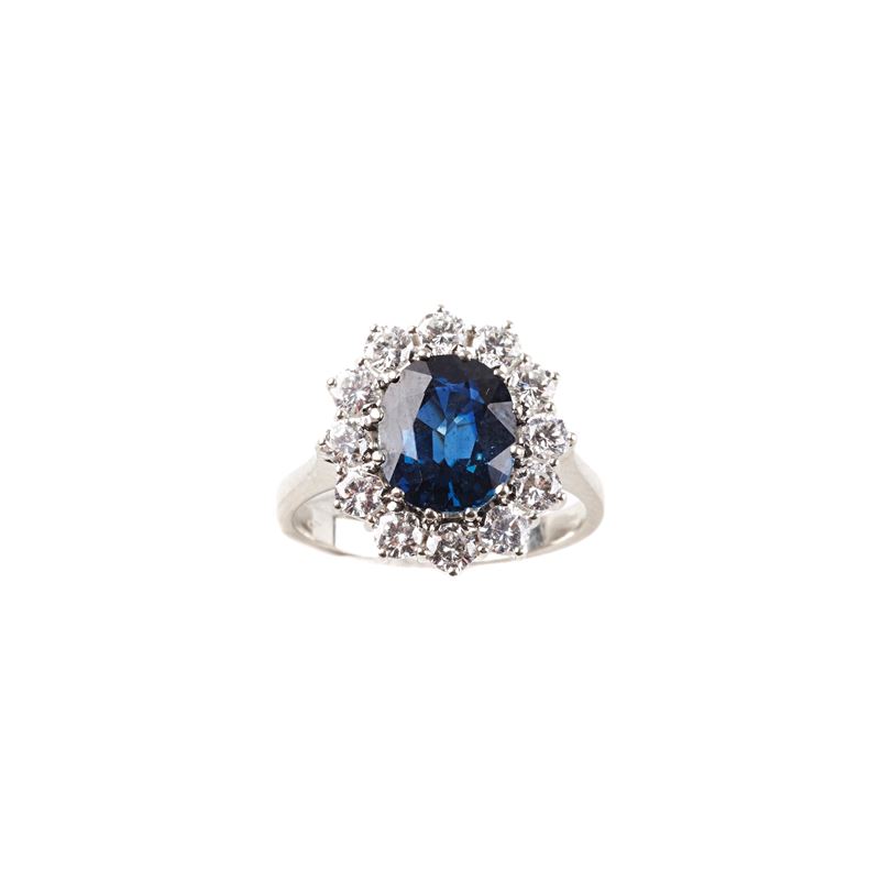 Anello a Margherita , in Oro Bianco 18k , Diamanti e Zaffiro