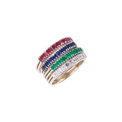 Quattro Verette in Oro Bianco 18kt , Diamanti, Rubini, Zaffiri e Smeraldi
