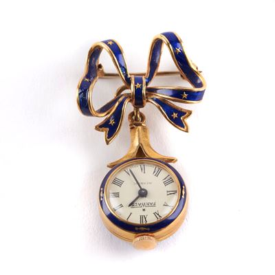 Spilla Pendente con Orologio in Oro Giallo 18kt e Smalti