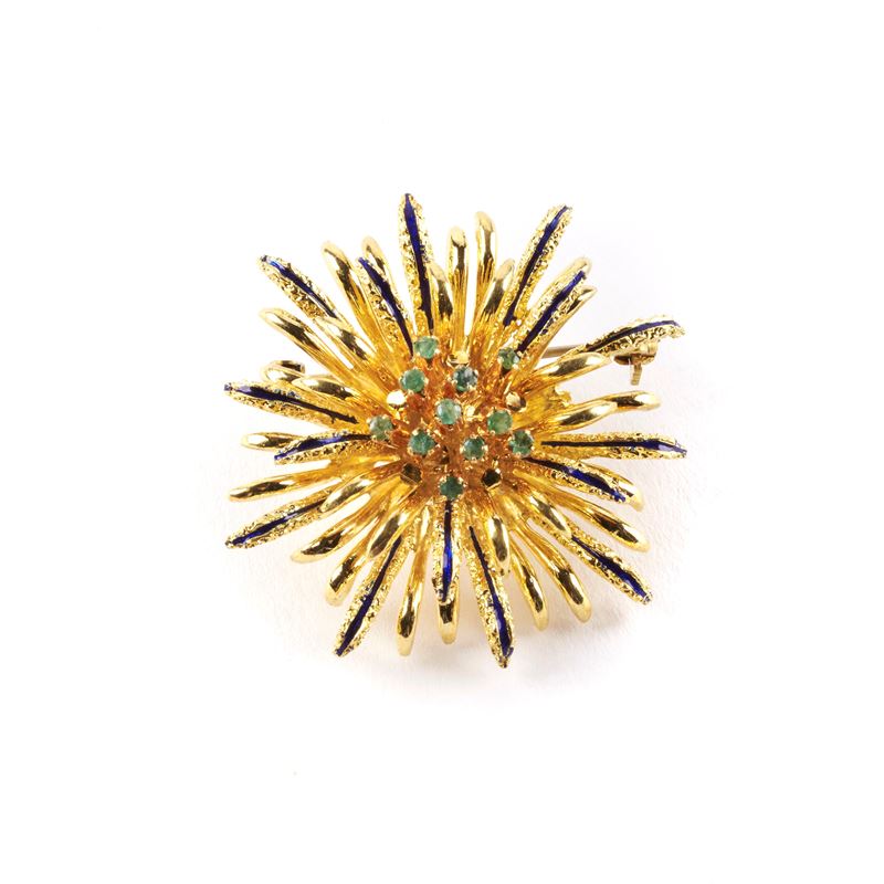 Spilla in Oro Giallo 18kt, Pietre e Smalti
