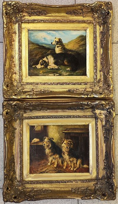 Scuola italiana, Due dipinti raffiguranti cani in interno e paesaggio, olio su tela e olio su met...