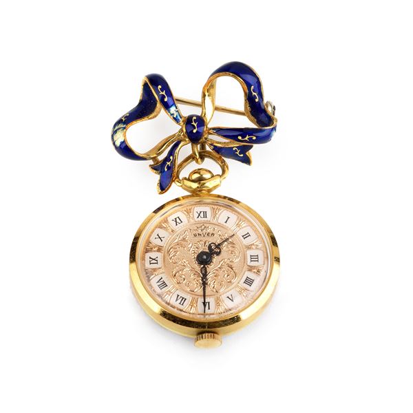 



SPILLA PENDENTE CON&nbsp; OROLOGIO UNVER IN ORO 18KT E SMALTI 