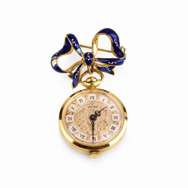 



SPILLA PENDENTE CON&nbsp; OROLOGIO UNVER IN ORO 18KT E SMALTI   - Asta Gioielli , Argenti e Penne - Poggio Bracciolini Casa d'Aste