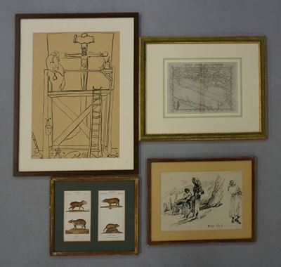 Scuola del XX secolo, Crocifissione, cartina geografica, contadini e animali (quattro opere: due ...