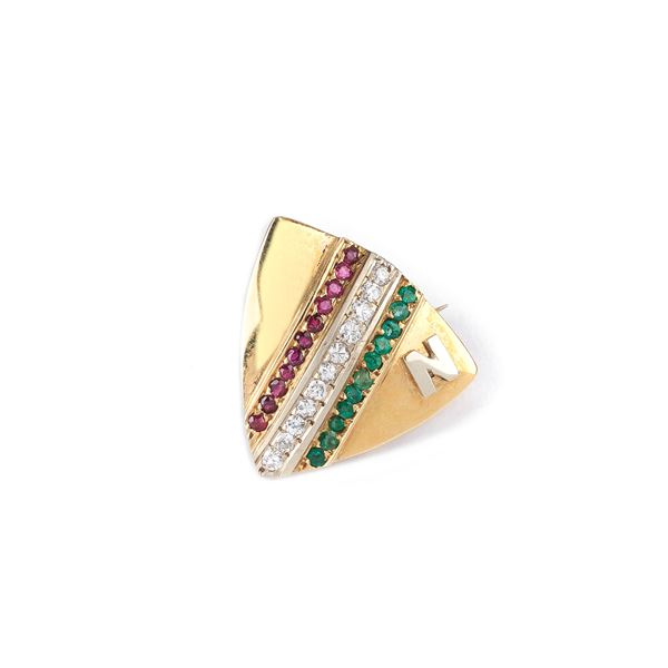 



SPILLA IN ORO GIALLO 18 KT, DIAMANTI, RUBINI E SMERALDI