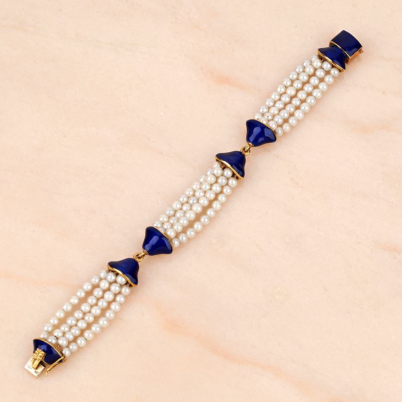 Bracciale in Oro Giallo 18kt, Perle e Smalti