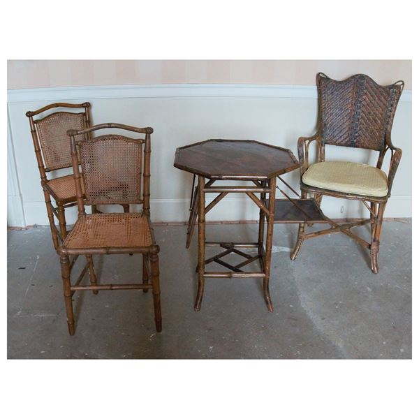 



Due coppie di sedie, poltroncina e tavolino ottagonale, inizi sec. XX