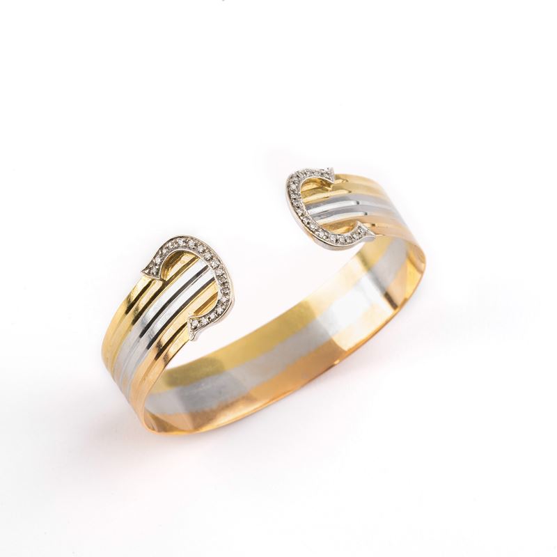 Bracciale Rigido in Oro Giallo, Oro Bianco 18kt e Diamanti