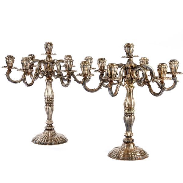 Coppia di candelabri, sec. XX, argentiere Cesa